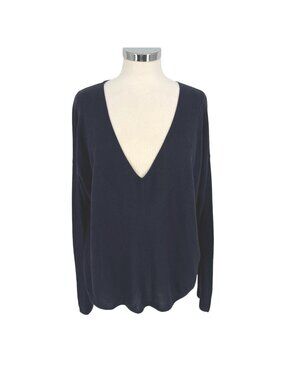 Eileen Fisher V-Neck Navy Blue Long Sleeve Sweater Tencel Size XL